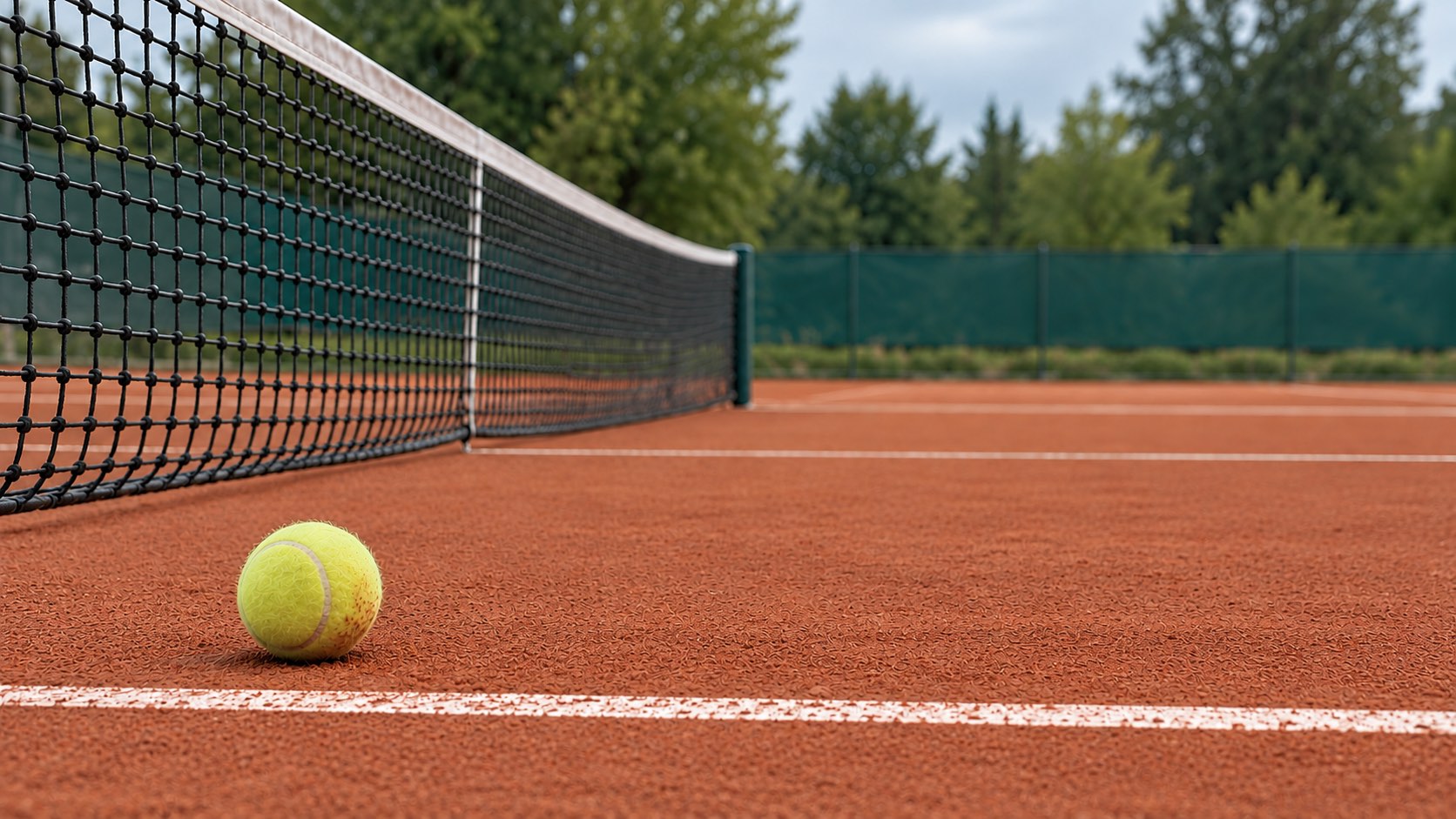 Tennisplatz mit rotem Sandbelag, Netz und Ball im Vordergrund