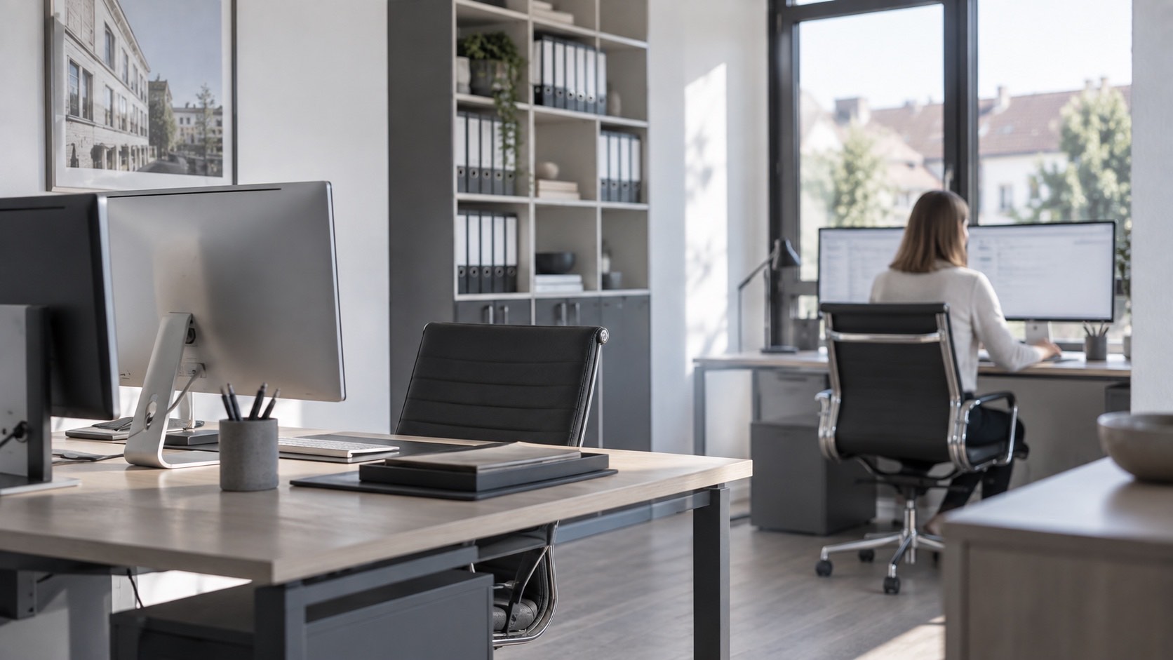Helles Büro einer Hausverwaltung mit zwei Arbeitsplätzen, großen Monitoren und Aktenordnern im Regal