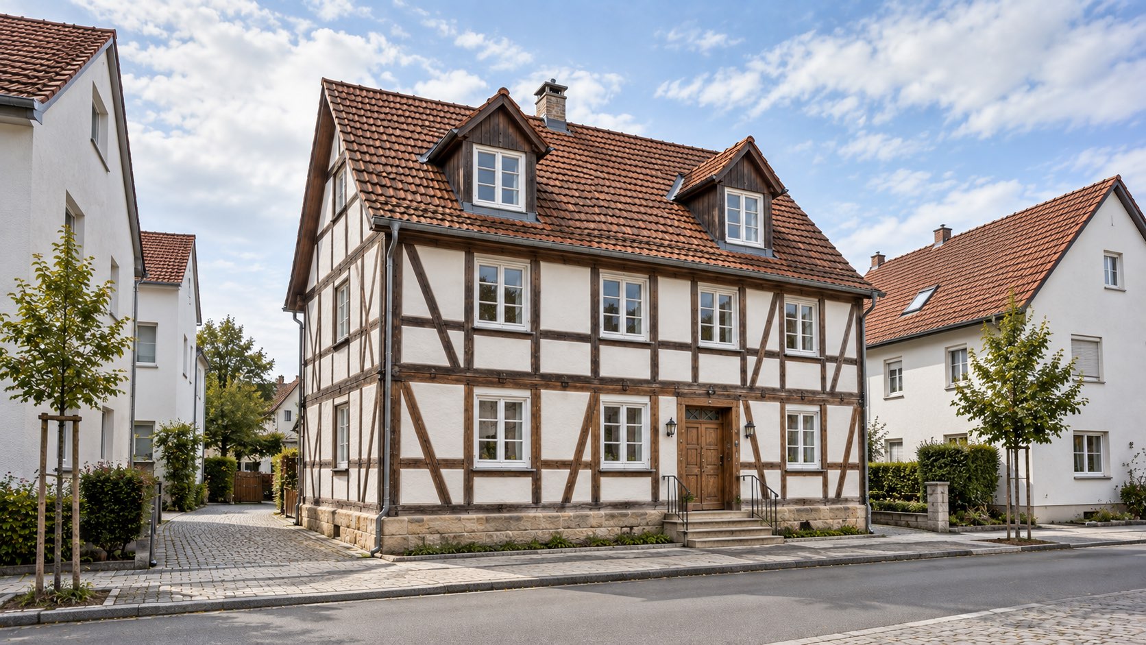 Saniertes Fachwerkhaus mit dunklem Fachwerk auf hellem Putz an einer ruhigen Ortsstraße