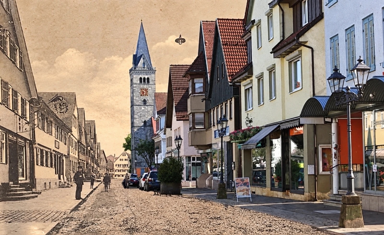 Die Hauptstraße von Welzheim: links die historische Ansicht, rechts das heutige Foto, nahtlos ineinander übergehend